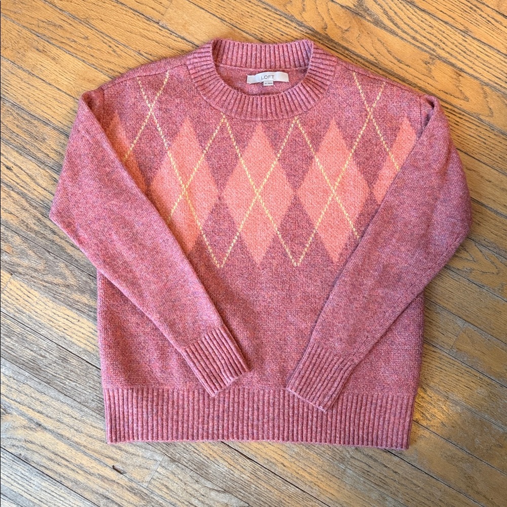 LOFT Rose Pink Argyle Crewneck Sweater